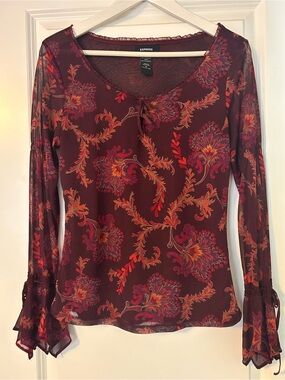 Express Burgundy Floral Paisley Sheer Long-Sleeve Top